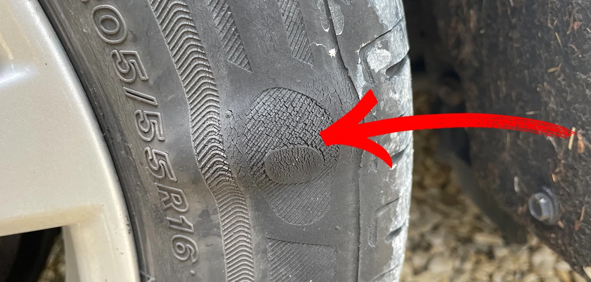  Tire sidewall protrusion or bulge, which can be unsafe