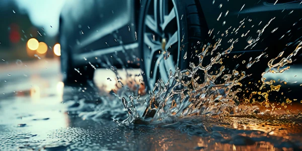 Tire splashing in a puddle of water